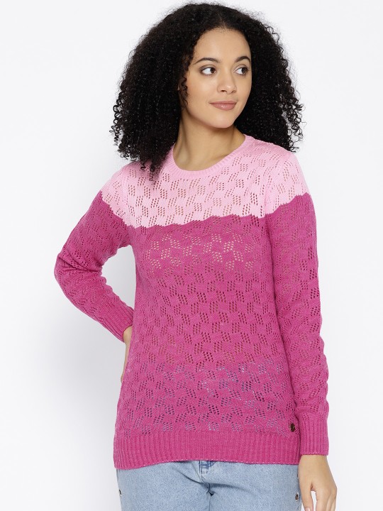 Women Pink Woollen Colourblocked Open Knit Pullover S