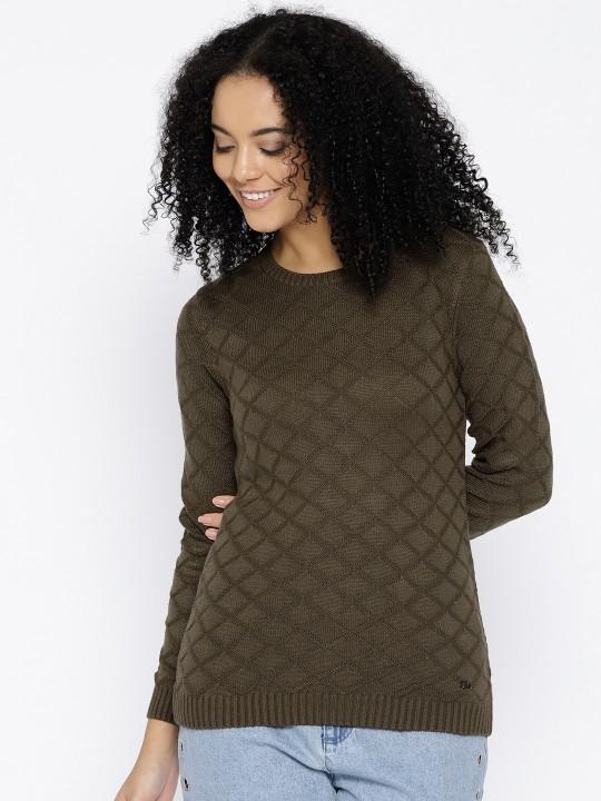Women Olive Green Woollen Self Design Pullover S