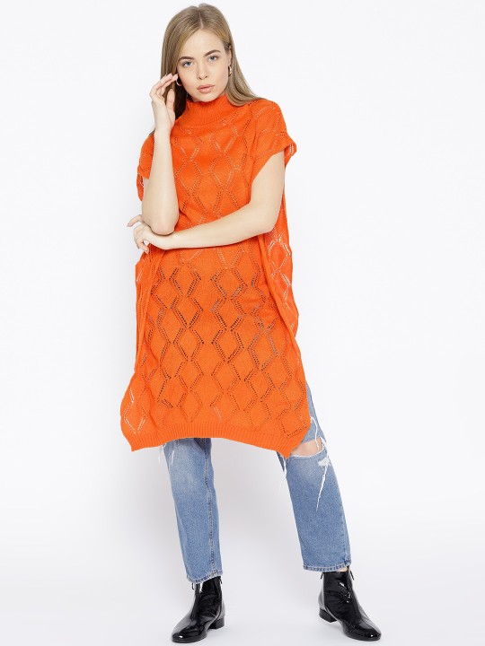 Women Orange Woollen Open Knit Longline Pullover