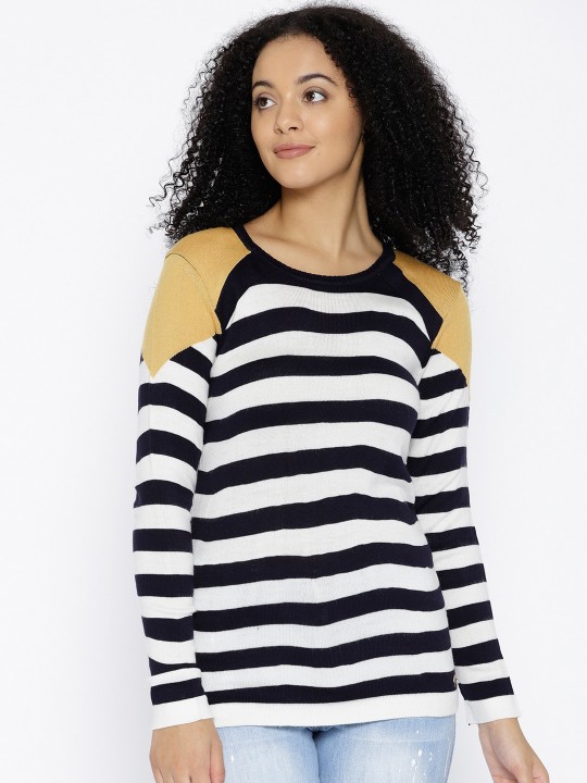 Women White & Black Woollen Striped Pullover S