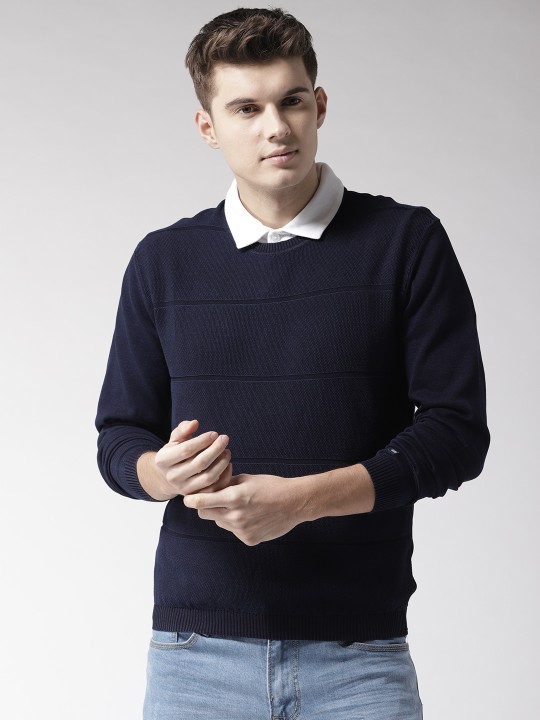 Men Navy Blue Self-Striped Pullover S
