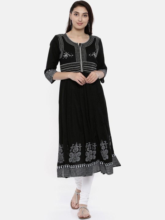 Women Black & White Embroidered Anarkali Kurta S