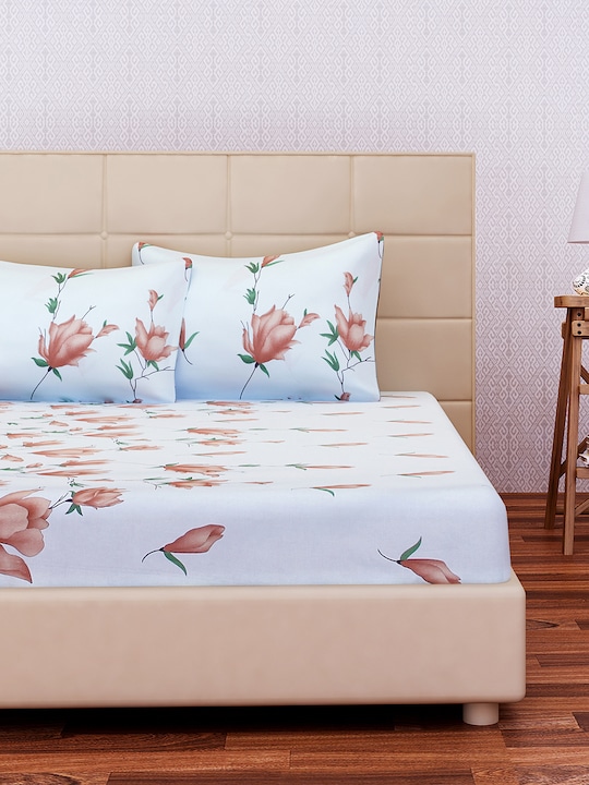 Blue & Brown Floral Flat 180 TC Cotton 1 King Bedsheet with 2 Pillow Covers