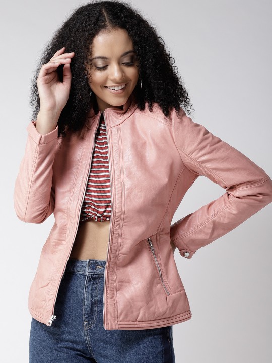 Buy Women Peach Coloured Solid Biker Jacket XL Online at