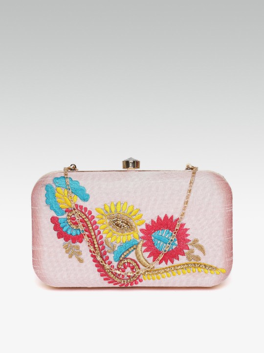 Pink & Yellow Embroidered Box Clutch with Embellished Detail