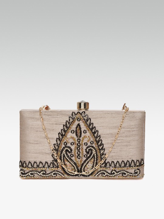 Taupe & Black Embellished Box Clutch