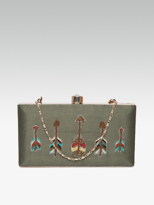 Olive Green Embellished Box Clutch