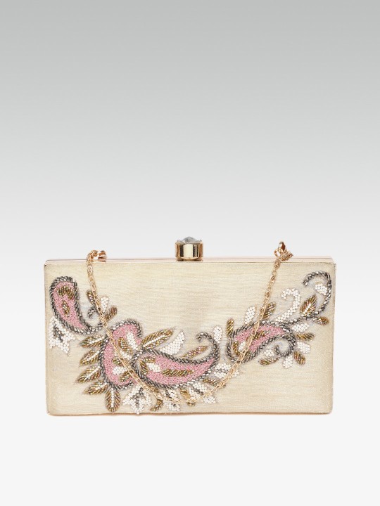 Beige Embellished Clutch with Sling Strap