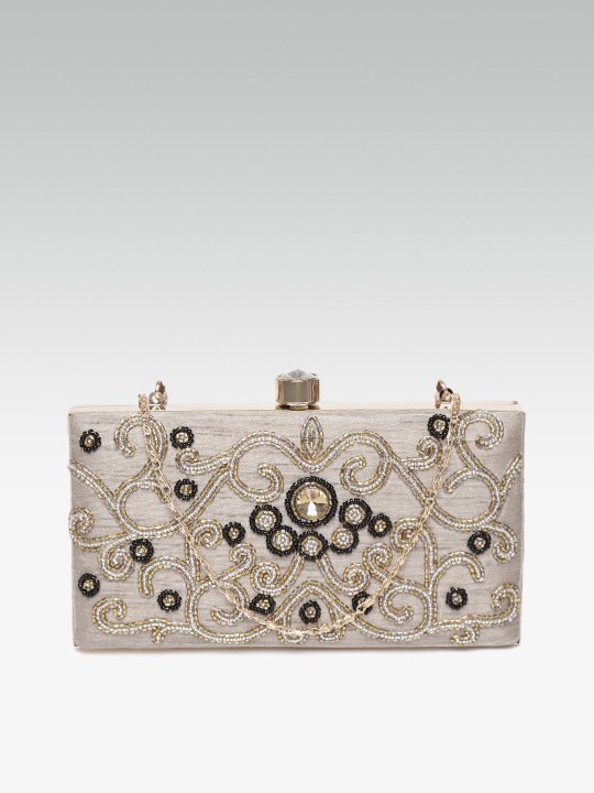 Taupe Embellished Clutch with Sling Strap