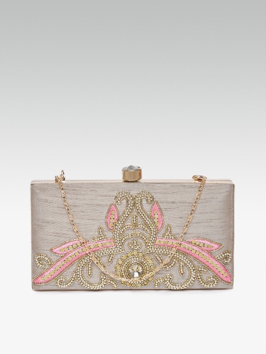 Taupe Embellished Clutch with Sling Strap