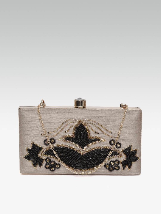 Taupe Embellished Clutch with Sling Strap