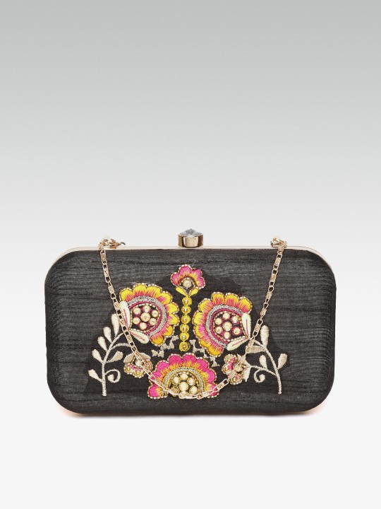 Black Embroidered Box Clutch with Embellished Detail