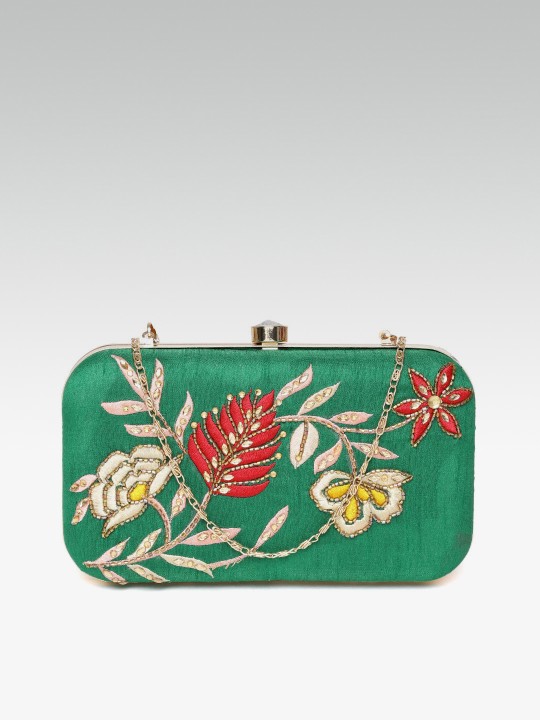 Green Embroidered Box Clutch with Embellished Detail