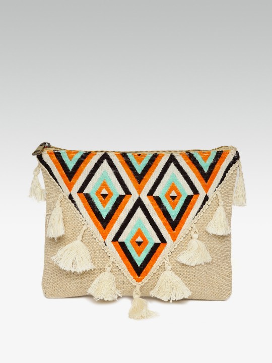Beige & Orange Embroidered Tasselled Purse