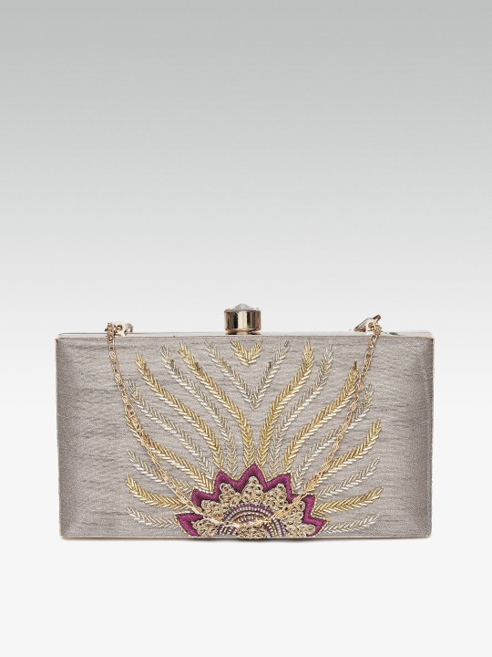 Taupe & Gold-Toned Embellished Box Clutch With Embroidered Detail