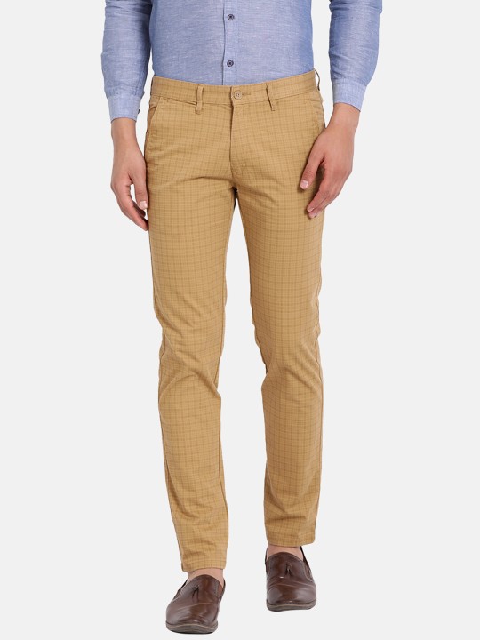 Men Khaki Slim Fit Checked Regular Trousers 30
