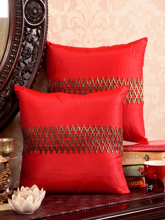 Red Set of 2 Geometric Square Cushion Covers