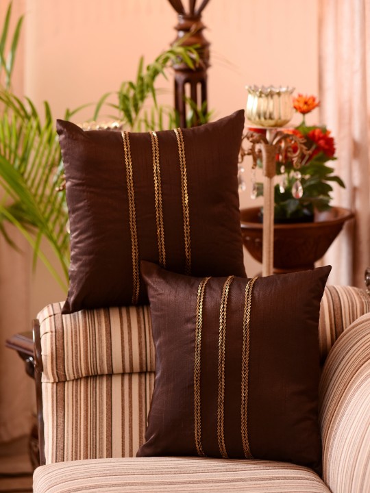 Brown Set of 2 Striped Square Cushion Covers