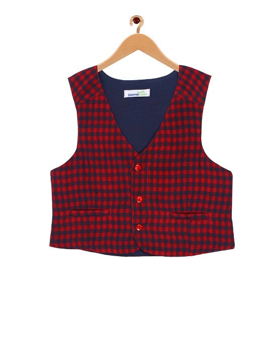 Kids Red & Navy Blue Checked Waistcoat 3Y