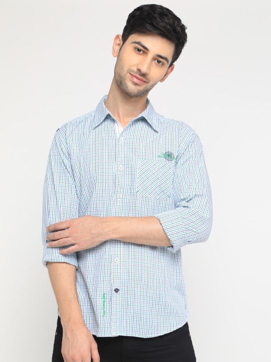 Men White & Green Slim Fit Checked Casual Shirt 38