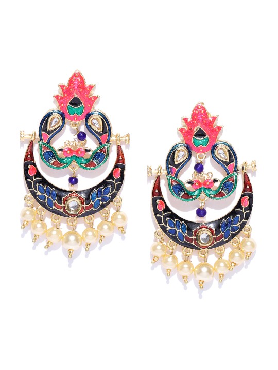 Multicoloured Crescent Shaped Meenakari Chandbalis