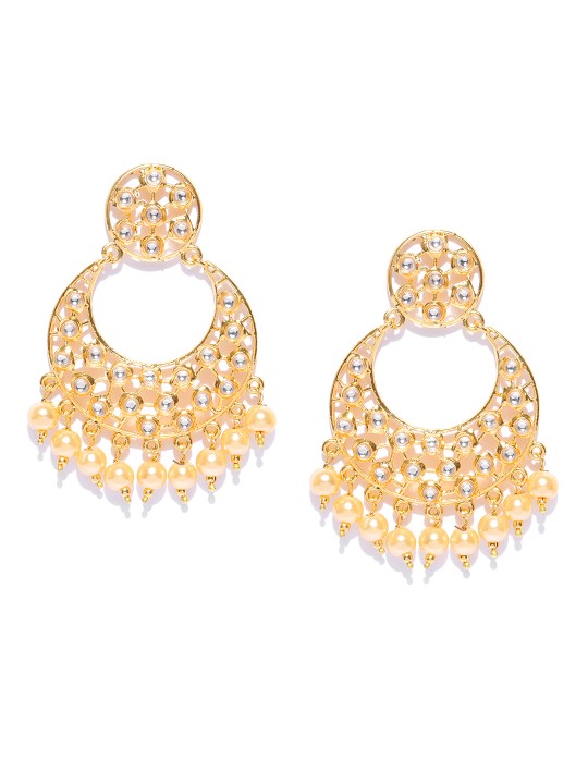 Gold-Toned Stone-Studded Crescent Shaped Chandbalis