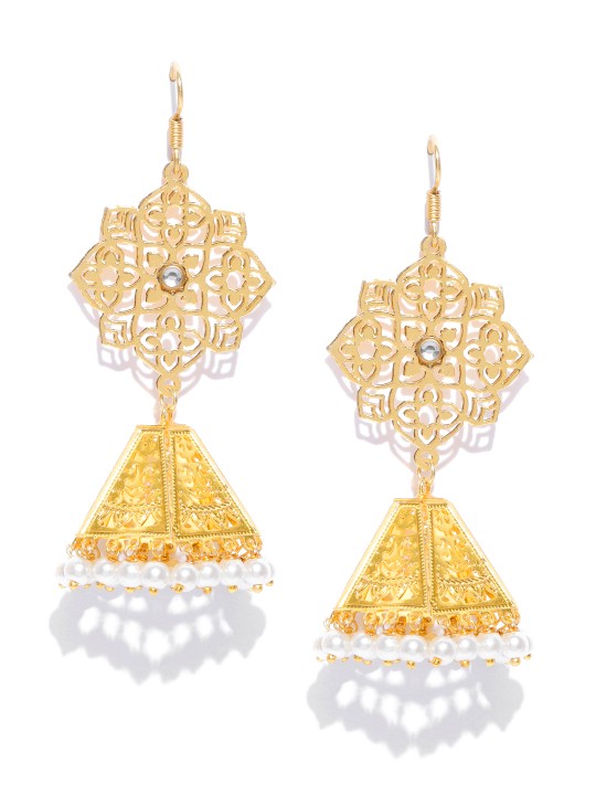 Gold-Toned & Off-White Classic Jhumkas
