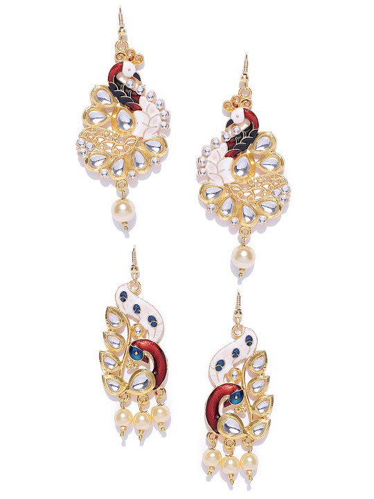 Set of 2 Gold-Toned & Maroon Peacock Shaped Meenakari Drop Earrings