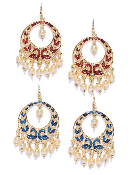 Set of 2 Gold-Toned & Off-White Meenakari Crescent Shaped Chandbalis