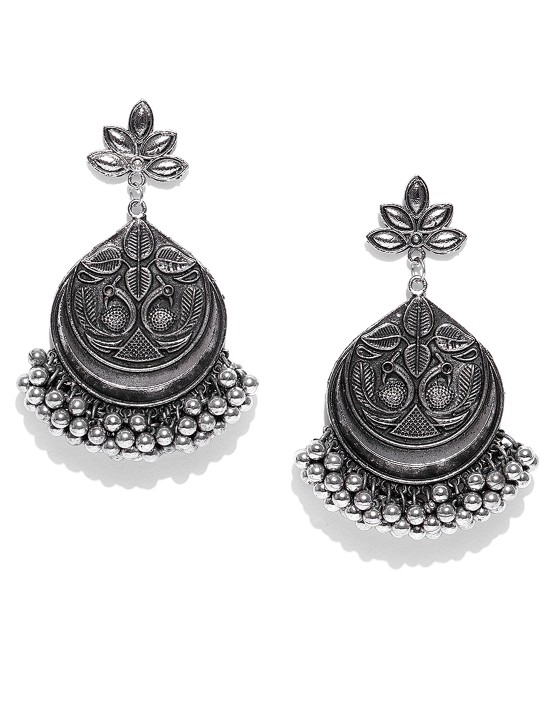 Oxidised Silver-Toned Textured Crescent Shaped Chandbalis