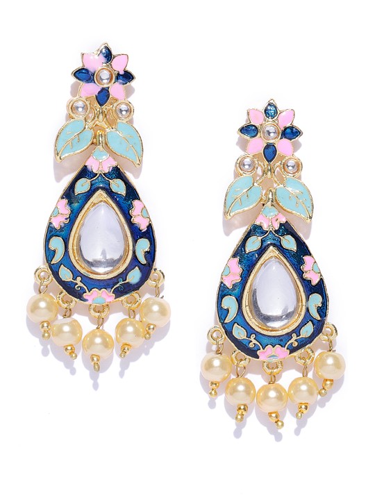 Gold-Toned & Blue Meenakari Teardrop Shaped Earrings