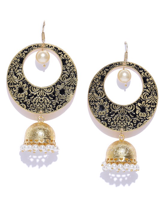 Gold-Toned & Black Enamelled Crescent Shaped Chandbalis
