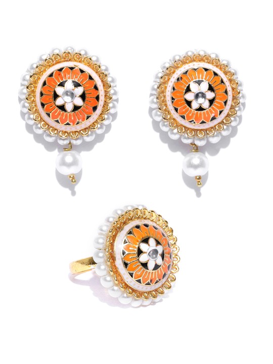 Gold-Toned & Orange Meenakari Jewellery Set