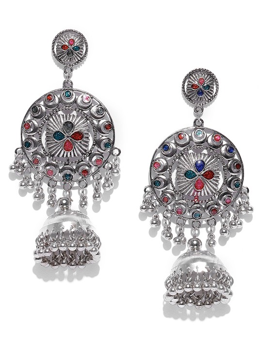 Oxidised Silver-Toned & Pink Dome Shaped Jhumkas