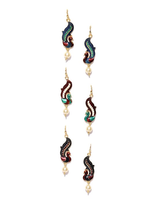 Set of 3 Gold-Toned & Red Peacock Shaped Meenakari Drop Earrings