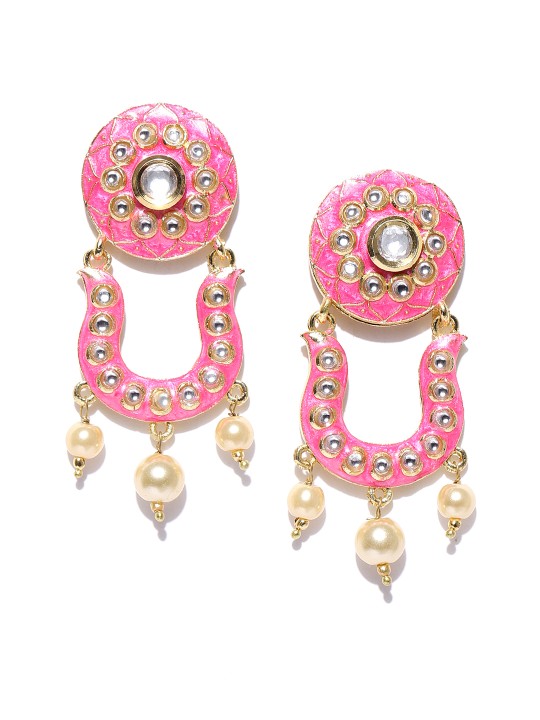 Pink & Gold-Toned Meenakari Classic Drop Earrings