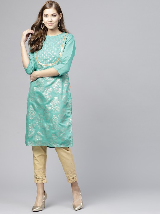 Women Green & Beige Printed Kurta with Trousers S