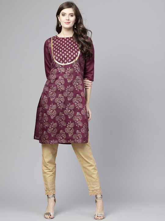 Women Burgundy & Gold-Toned Printed Kurta with Trousers
