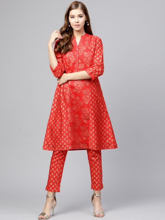 Women Red & Golden Printed Kurta with Trousers S