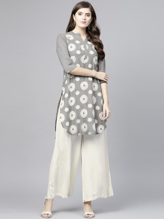 Women Grey & Off-White Printed Kurta with Palazzos S