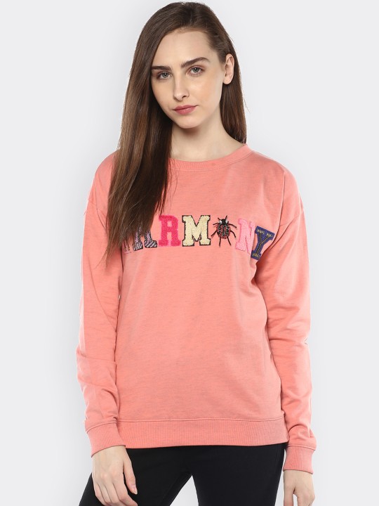 Women Peach-Coloured Solid Sweatshirt S