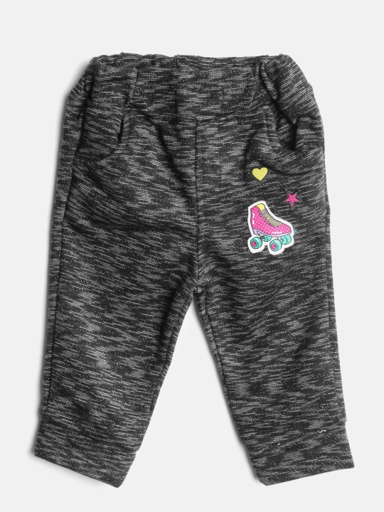 Girls Black & Grey Self-Design Joggers 0-3M
