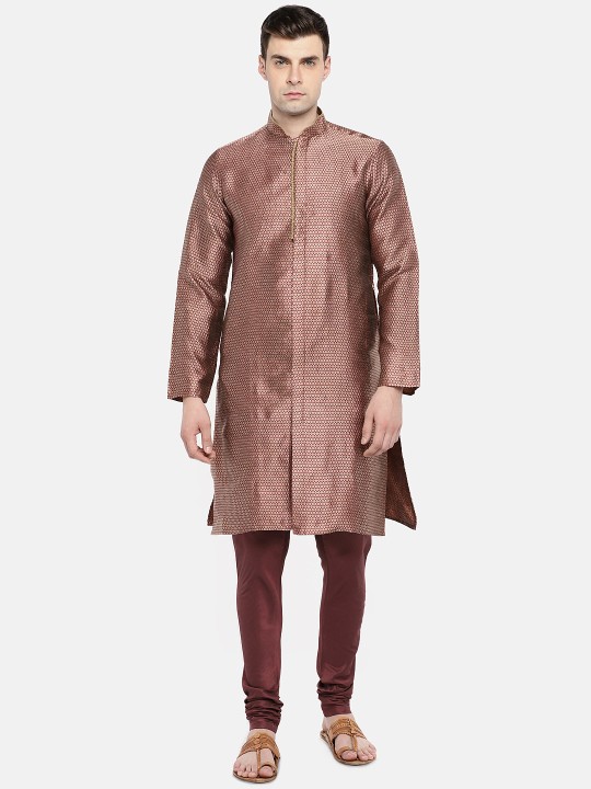 Men Maroon Self Designed Kurta with Pyjama S