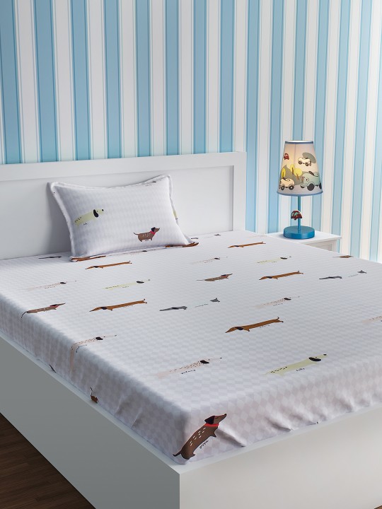 White Cartoon Characters Flat 210 TC Cotton 1 Single Bedsheet