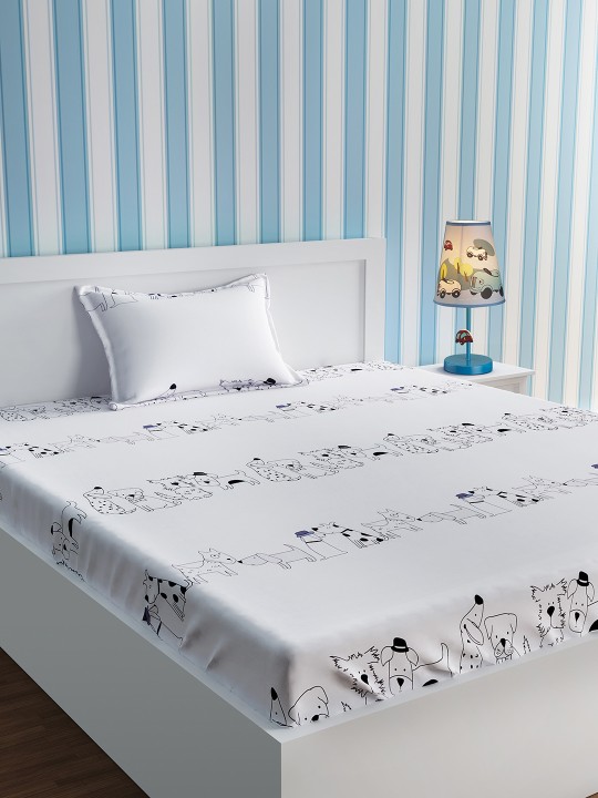 White Cartoon Characters Flat 210 TC Cotton 1 Single Bedsheet