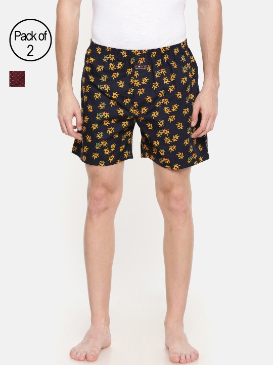 Mens Pack of 2 Navy Blue & Maroon Printed Boxers MFCO502PO2BOXERP23P24 S
