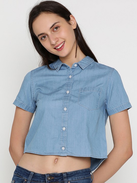 Women Blue Regular Fit Solid Casual Shirt XS