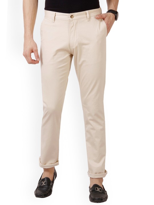 Men Cream-Coloured Tapered Fit Solid Regular Trousers 30