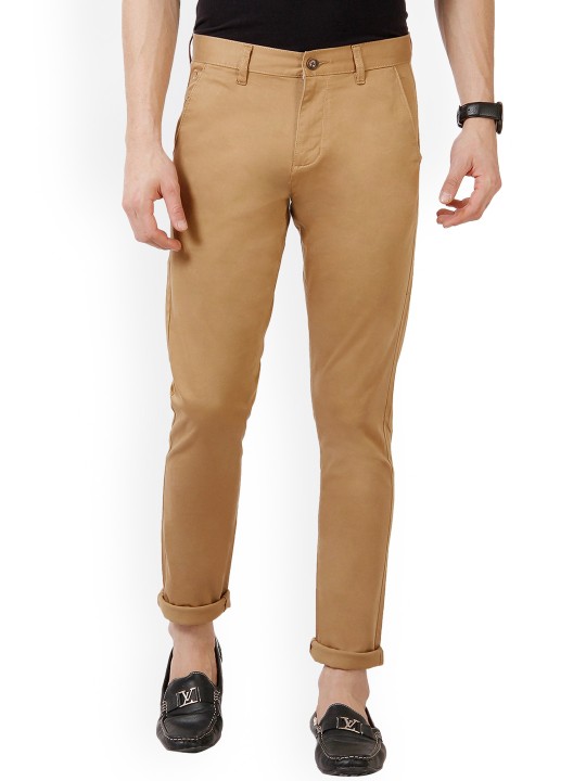 Men Khaki Tapered Fit Self Design Regular Trousers