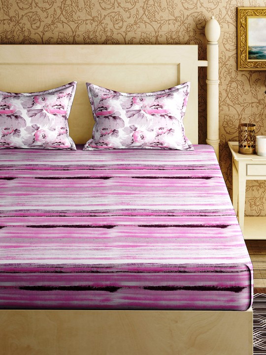 Pink Geometric Flat 144 TC Cotton 1 King Bedsheet with 2 Pillow Covers